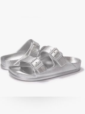 Metallic Double-Buckle Slide Sandals in Silver
